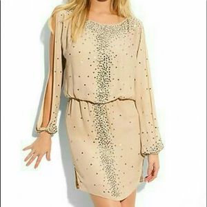 HAUTE HIPPIE Long Slit Balloon Sleeve Blouson Elastic Waist Fully Studded Dress